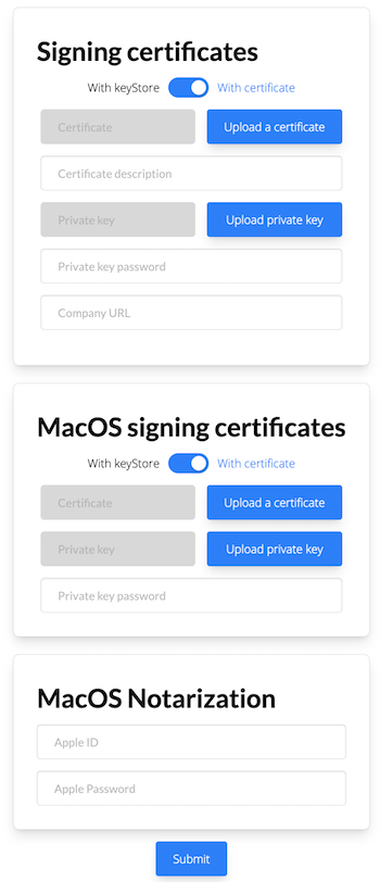 UI for configuring organization code signing certificates.